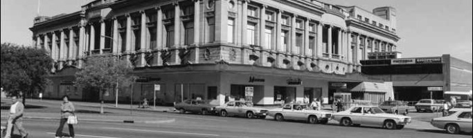 Photo from the State Library of SA. Moore's Department Store on the corner of Gouger Street and Victoria Square in the 1970s. The building is now used by the Law Courts.