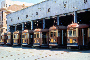 Photo from. Trams line d up at the old Tram Barn in Angas Street