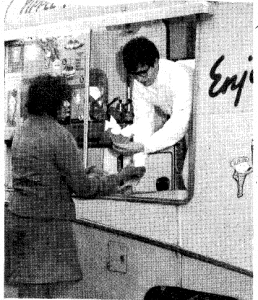 Photo from the Mr Whippy website. Bob Staff serving ice creams in an original van in 1967. The Staff family have been involved with Mr Hippy since 1965.