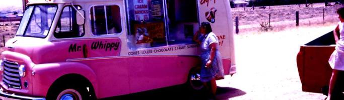 When Mr Whippy Played Greensleeves Photo courtesy of Mark Foy; "Here is a picture of My Mum at the Mr Whippy Van outside of our house in Pratt Avenue Pooraka in the very late 50's or very early 60's - It must have been summer and near Christmas looking at the advertising on the van. This before Pooraka was developed and was largely farms and paddocks"