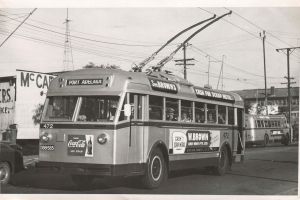 Photo by Doug Colquhoun from Wikimedia Commons. The trolleybus system was part of public transport around Adelaide for roughly 30 years 