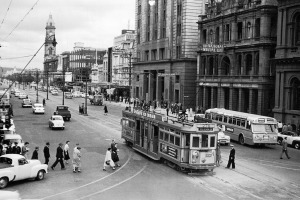 Photo from ARW FB page.
A tram conductor waits as passengers board a tram in King William Street in the 1950s