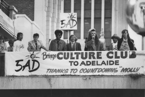 Photo posted by Greg Clark of Boy George's visit to Adelaide in 1984 "with myself, Jon Moss, Mikey Craig, John Bannon, Boy George, Ian Molly Meldrum and Roy Hay."